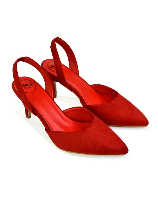 Imogen Pointed Toe Sling Back Stiletto Mid Heel Court Shoes in Red sold by XYlondon