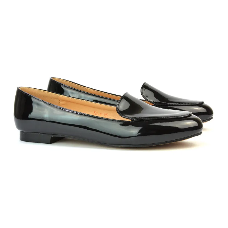 Quincy Slip On Low Heel Back to School Shoes Pumps Loafers in Black Patent sold by XYlondon