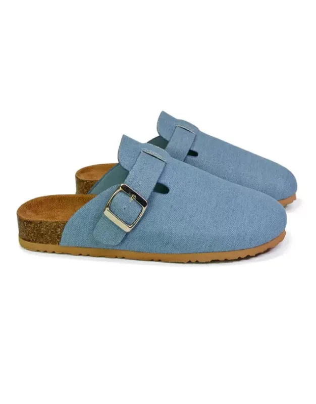 Savannah Closed Toe Slip On Buckle Flat Sandal Sliders in Denim sold by XYlondon