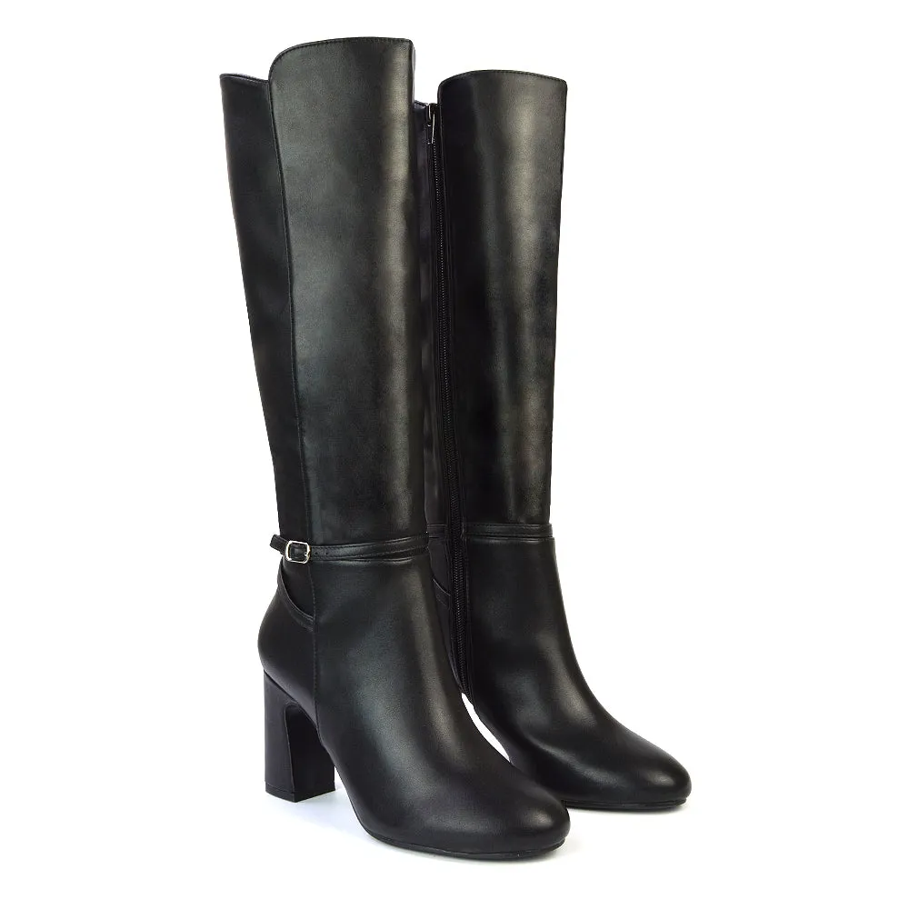 Olly Buckle Zip Up Block Mid Heel Knee High Boots in Black Synthetic Leather sold by XYlondon product image thumbnail 4
