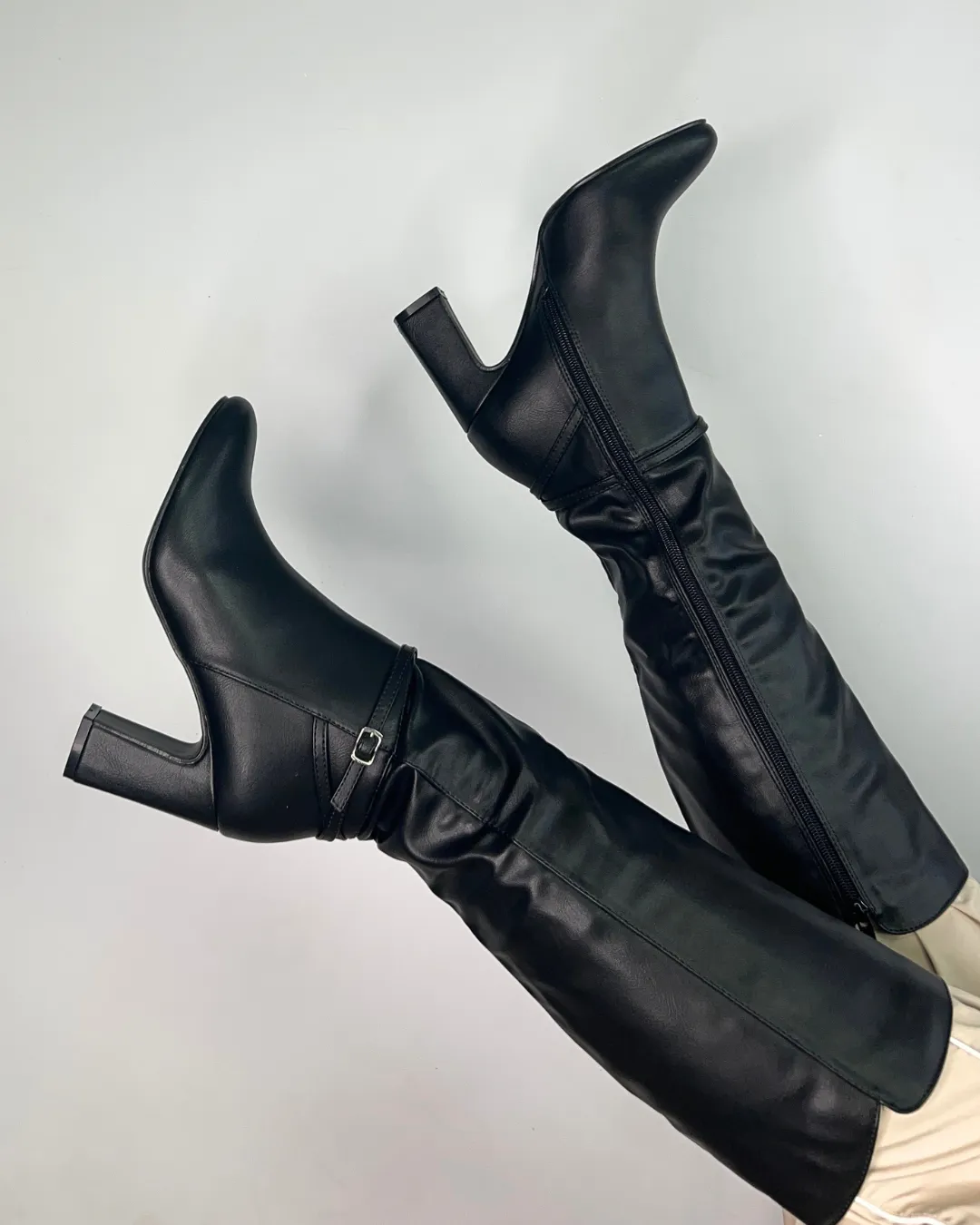 Olly Buckle Zip Up Block Mid Heel Knee High Boots in Black Synthetic Leather sold by XYlondon product image thumbnail 2