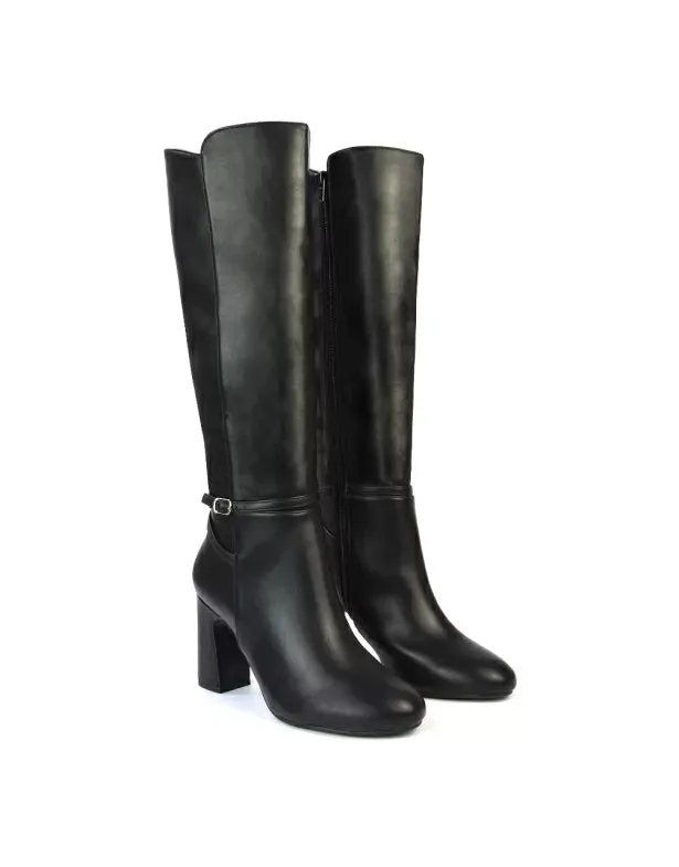 Olly Buckle Zip Up Block Mid Heel Knee High Boots in Black Synthetic Leather sold by XYlondon