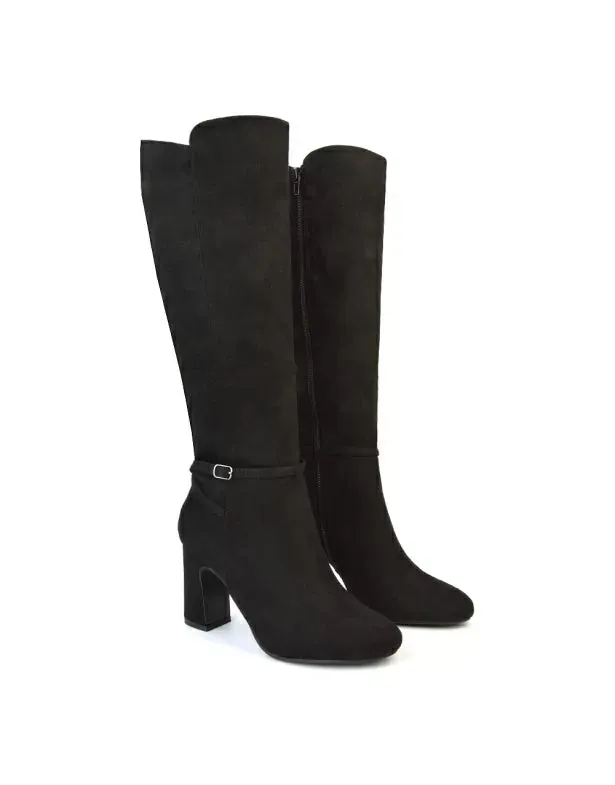 Olly Buckle Zip Up Block Mid Heel Knee High Boots in Black Faux Suede sold by XYlondon product image thumbnail 3