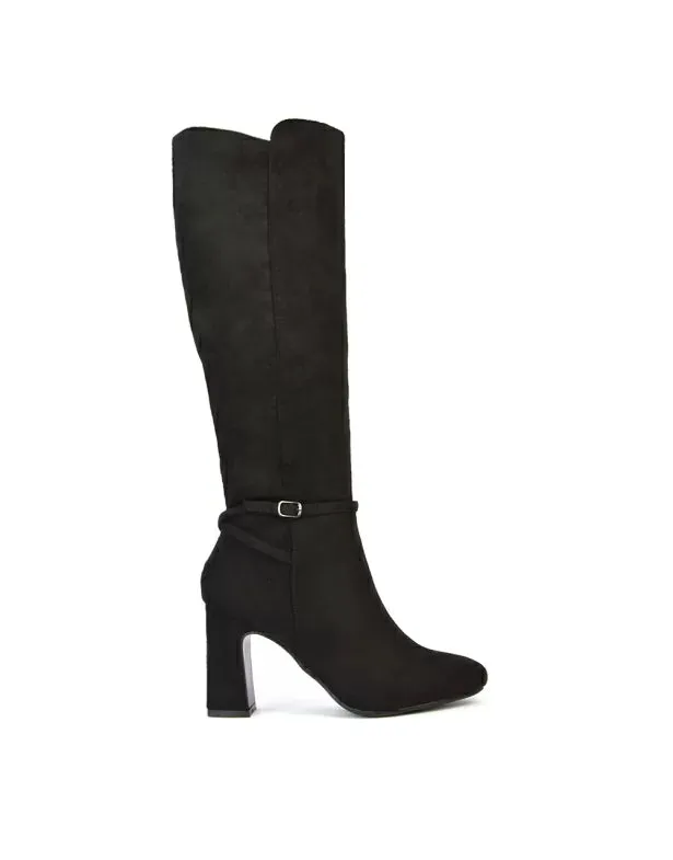 Olly Buckle Zip Up Block Mid Heel Knee High Boots in Black Faux Suede sold by XYlondon product image thumbnail 2