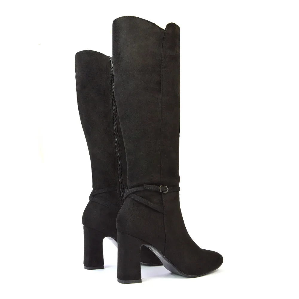 Olly Buckle Zip Up Block Mid Heel Knee High Boots in Black Faux Suede sold by XYlondon product image thumbnail 4