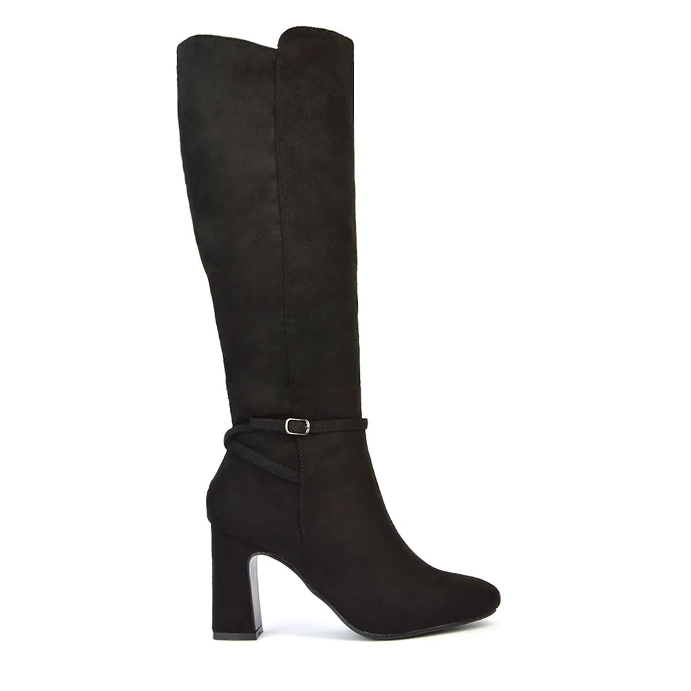 Olly Buckle Zip Up Block Mid Heel Knee High Boots in Black Faux Suede sold by XYlondon product image thumbnail 5