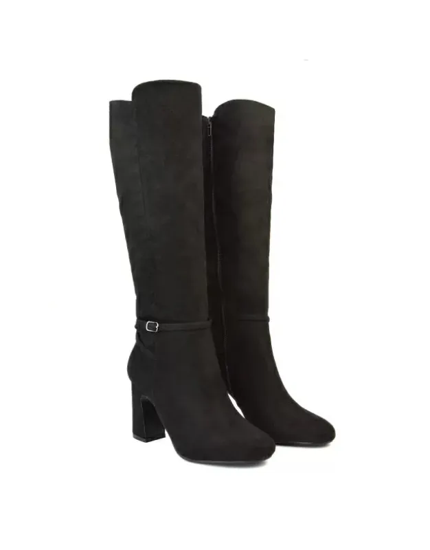 Olly Buckle Zip Up Block Mid Heel Knee High Boots in Black Faux Suede sold by XYlondon