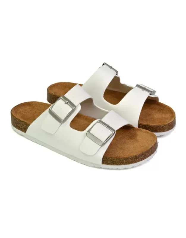 Star Double Buckle Strap Flat Slider Casual Footbed Summer Mule Sandals in White sold by XYlondon