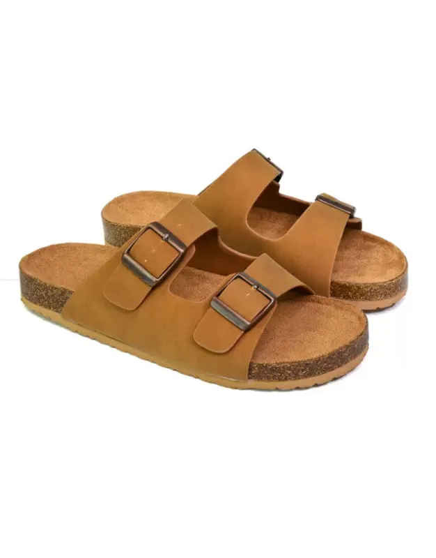 Star Double Buckle Strap Flat Slider Casual Footbed Summer Mule Sandals in Tan sold by XYlondon
