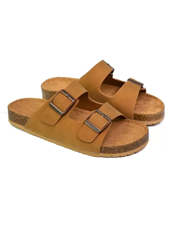Star Double Buckle Strap Flat Slider Casual Footbed Summer Mule Sandals in Tan sold by XYlondon