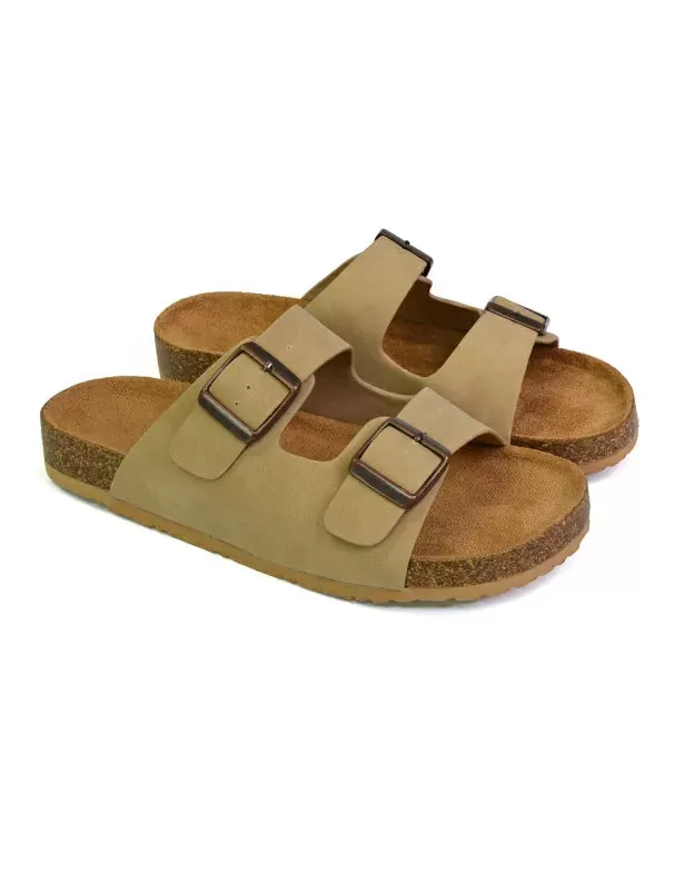 Star Casual Double Buckle Strap Flat Footbed Summer Slider Sandals in Taupe sold by XYlondon