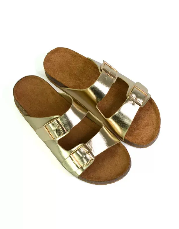 Star Double Buckle Strap Flat Slider Casual Footbed Summer Mule Sandals in Gold sold by XYlondon product image thumbnail 2