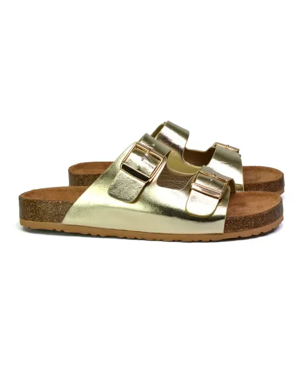 Star Double Buckle Strap Flat Slider Casual Footbed Summer Mule Sandals in Gold sold by XYlondon