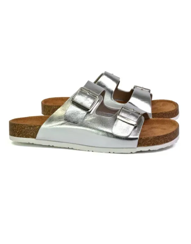 Star Double Buckle Strap Flat Slider Casual Footbed Summer Mule Holiday Sandals in Silver sold by XYlondon