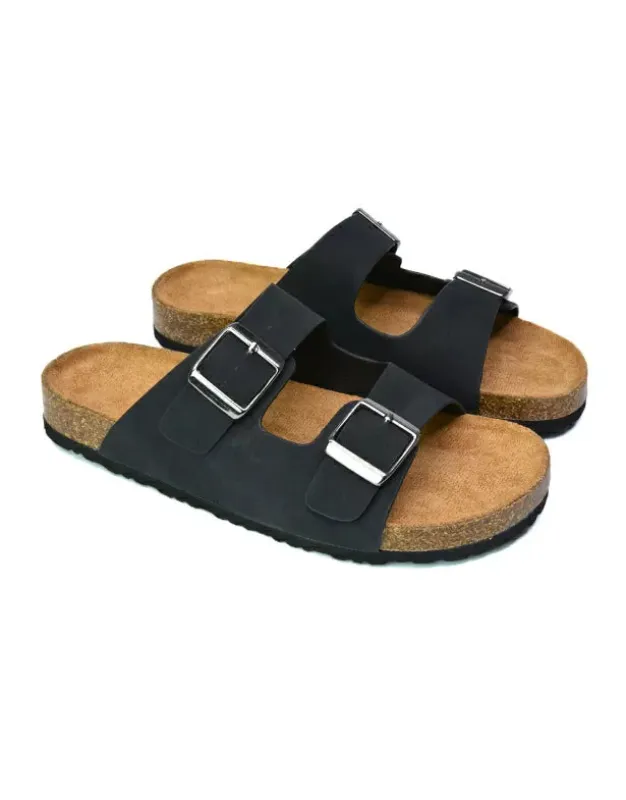 Star Casual Double Buckle Strap Flat Footbed Summer Slider Sandals in Black sold by XYlondon