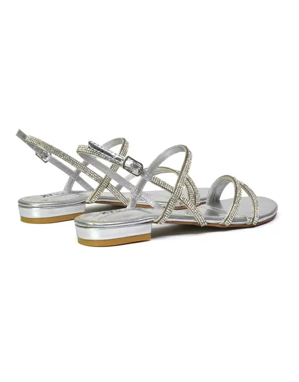 Orla Buckle Strappy Summer Sparkly Bridal Flat Diamante Sandals in Silver sold by XYlondon product image thumbnail 3