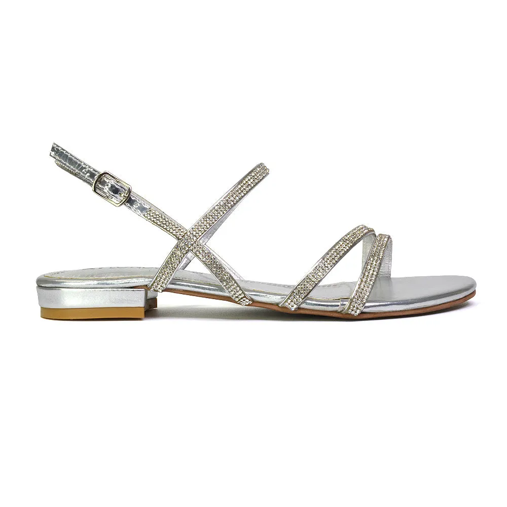 Orla Buckle Strappy Summer Sparkly Bridal Flat Diamante Sandals in Silver sold by XYlondon product image thumbnail 5