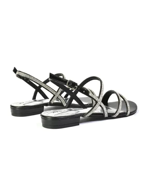 Orla Buckle Strappy Summer Sparkly Bridal Flat Diamante Sandals in Black sold by XYlondon product image thumbnail 4