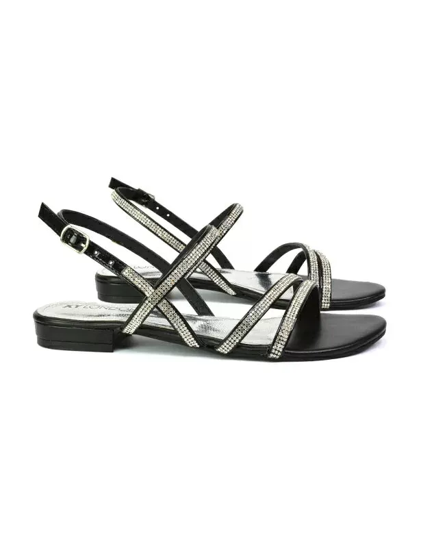 Orla Buckle Strappy Summer Sparkly Bridal Flat Diamante Sandals in Black sold by XYlondon