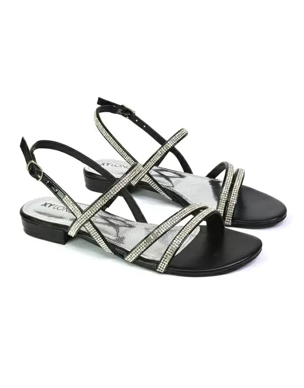 Orla Buckle Strappy Summer Sparkly Bridal Flat Diamante Sandals in Black sold by XYlondon product image thumbnail 3