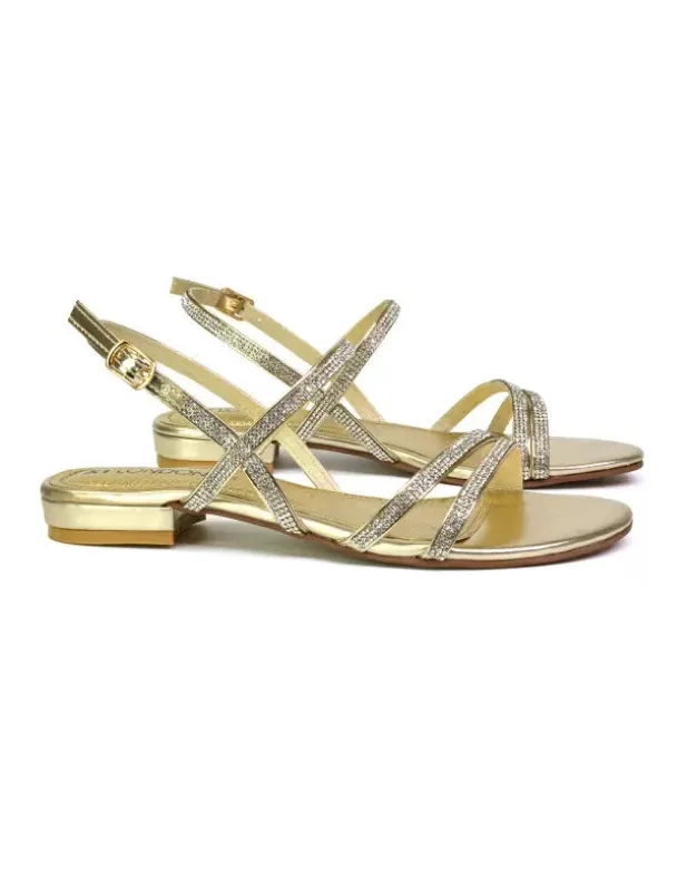 Orla Buckle Strappy Summer Sparkly Bridal Flat Diamante Sandals in Gold sold by XYlondon