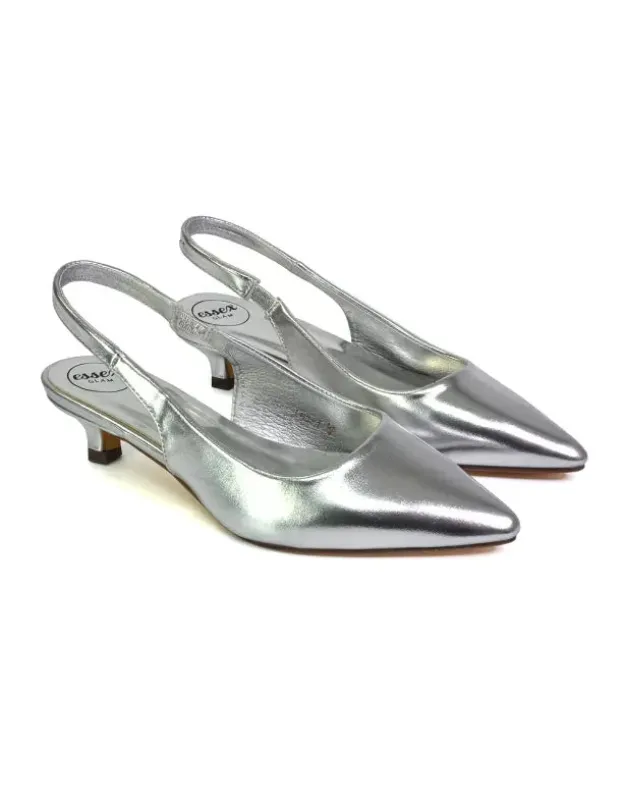 Avalone Pointed Toe Sling Back Strappy Sandals Bridal Shoes with Kitten Heel in Silver sold by XYlondon