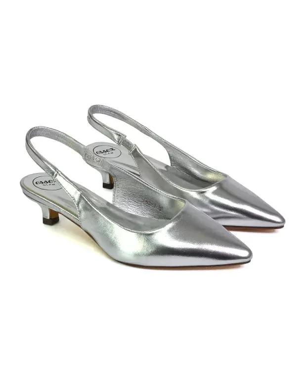 Avalone Pointed Toe Sling Back Strappy Sandals Bridal Shoes with Kitten Heel in Silver sold by XYlondon