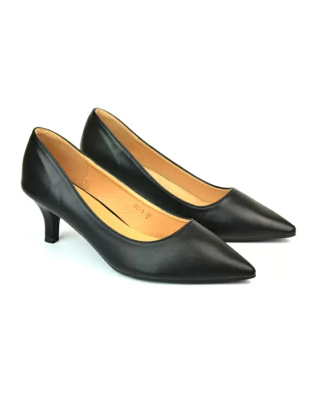 Cali Pointed Toe Court Shoes With a Low Kitten Heel In Black Synthetic Leather sold by XYlondon