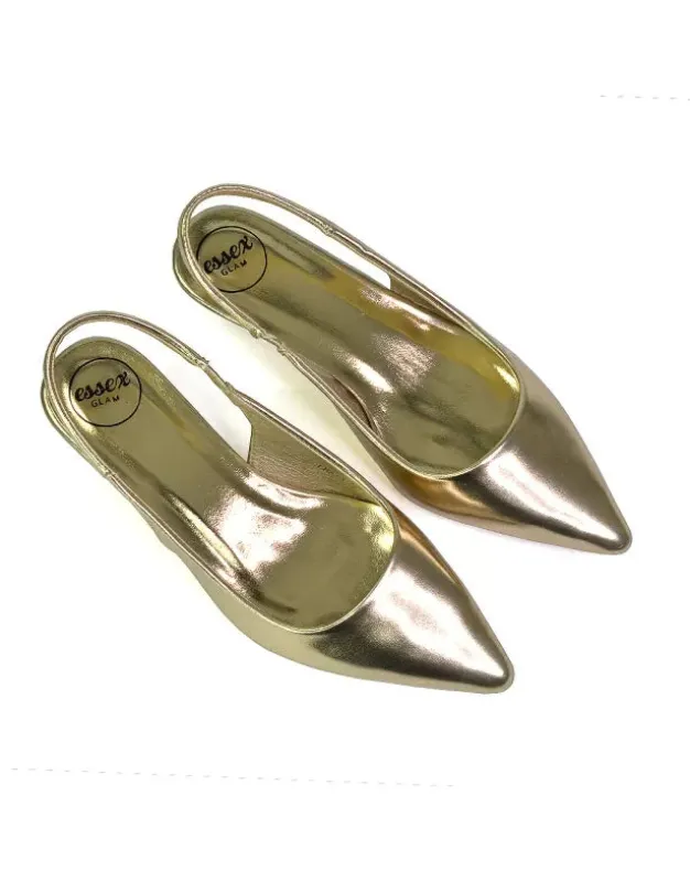 Avalone Pointed Toe Sling Back Strappy Sandals Bridal Shoes with Kitten Heel in Gold sold by XYlondon