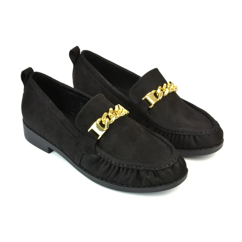 Heidi Chain Detail Ruched Loafer Back to School Shoes in Black Faux Suede sold by XYlondon