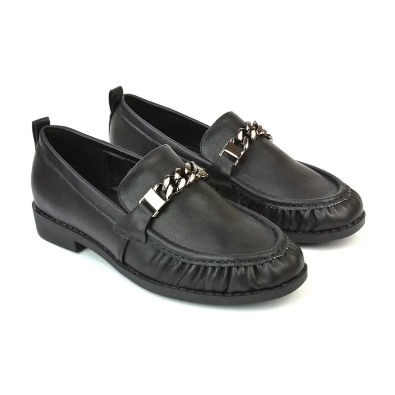 Heidi Chain Detail Ruched Loafer Back to School Shoes in Black Synthetic Leather sold by XYlondon