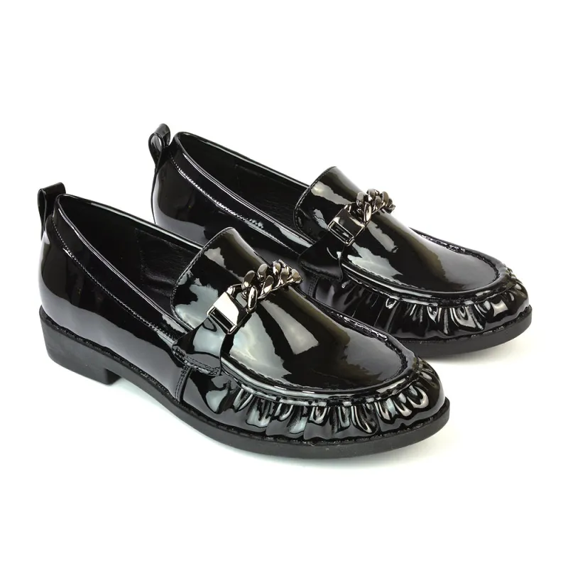 Heidi Chain Detail Ruched Loafer Back to School Shoes in Black Patent sold by XYlondon