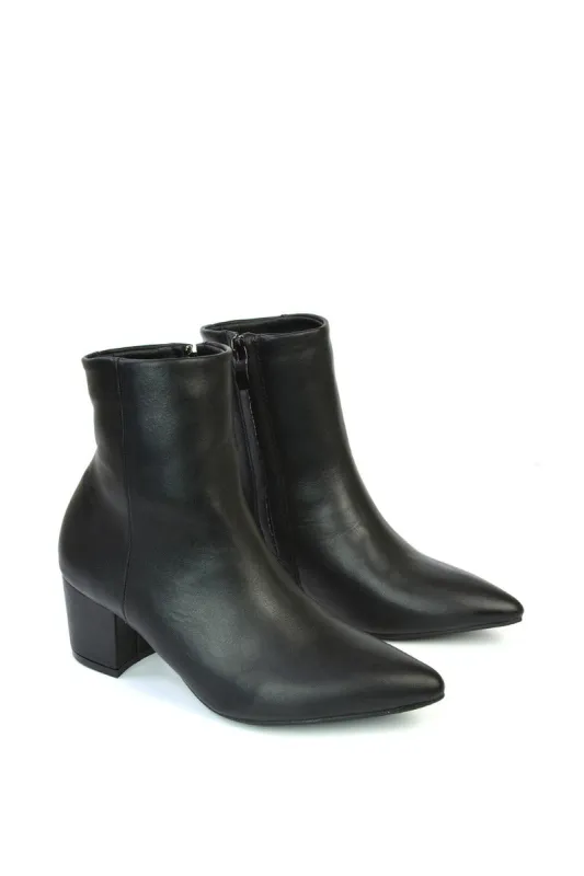 Ayda Pointed Toe inside Zip Detail Low Block Heel Ankle Boots in Black Synthetic Leather made by XYlondon