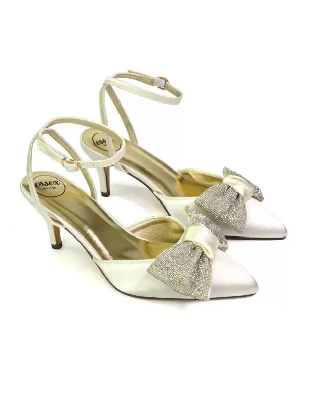 Solene Diamante Bow  Pointed Toe Court Shoes Mid Stiletto Bridal Heels in Ivory sold by XYlondon