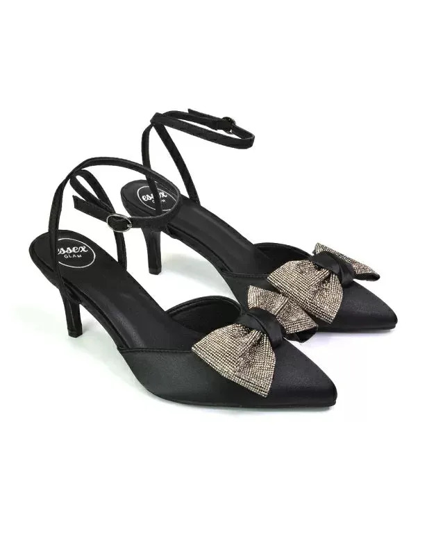 Solene Diamante Bow Pointed Toe Court Shoes Mid Stiletto Bridal Heels in Black sold by XYlondon