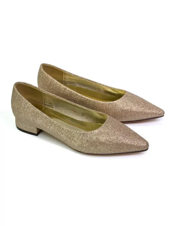 Karen Slip On Pointed Toe Wedding Shoes Low Heel Bridal Heels Court Shoes in Gold sold by XYlondon