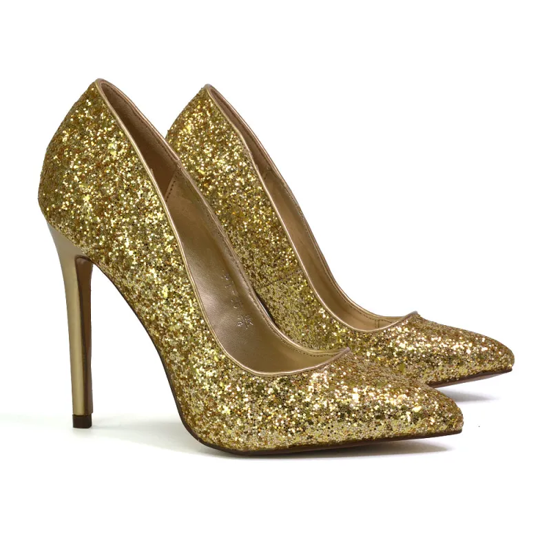 Emerald Pointed Toe Court Shoes Glitter Stiletto High Heels in Gold sold by XYlondon
