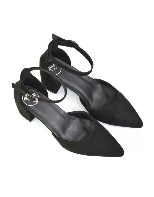 Bronte Pointed Toe Strappy Mid Block Heel Sandal Court Shoes in Black sold by XYlondon