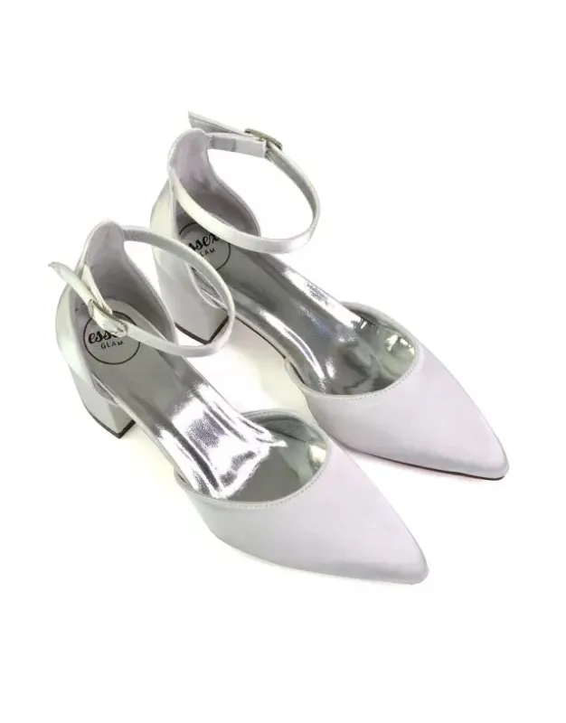 Bronte Pointed Toe Strappy Mid Block Heel Sandal Court Shoes in White sold by XYlondon