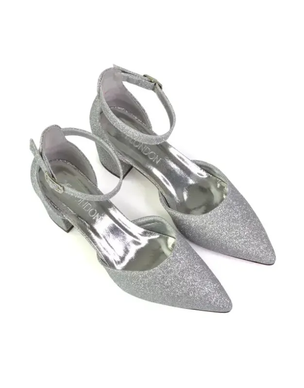 Bronte Pointed Toe Strappy Mid Block Heel Sandal Court Shoes in Silver sold by XYlondon