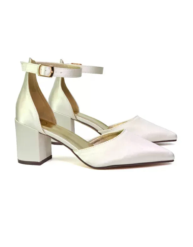 Bronte Pointed Toe Strappy Mid Block Heel Sandal Court Shoes in Ivory sold by XYlondon product image thumbnail 2