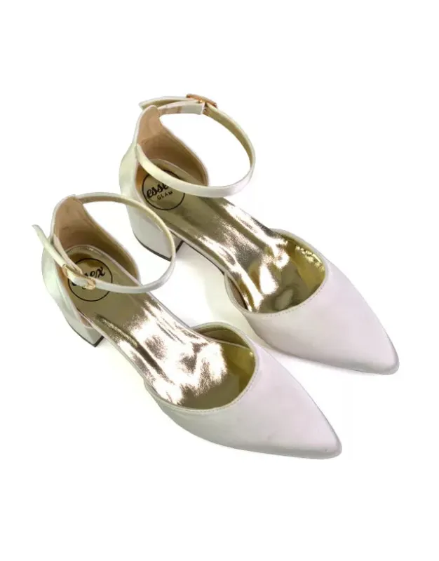 Bronte Pointed Toe Strappy Mid Block Heel Sandal Court Shoes in Ivory sold by XYlondon