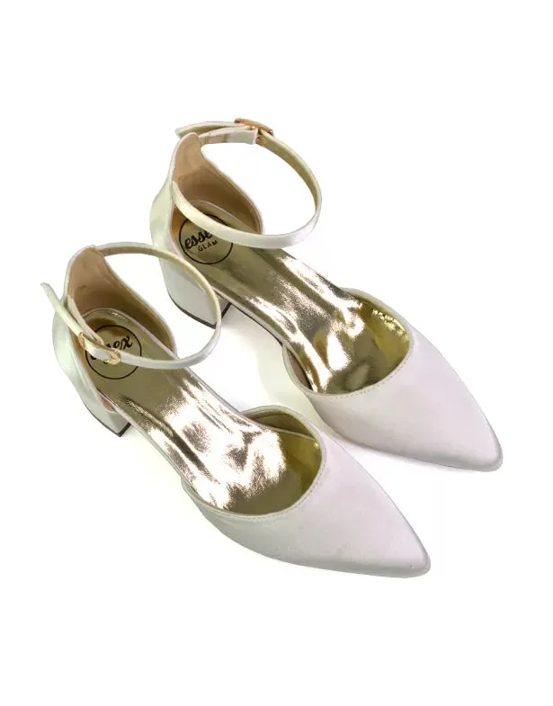 Bronte Pointed Toe Strappy Mid Block Heel Sandal Court Shoes in Ivory sold by XYlondon