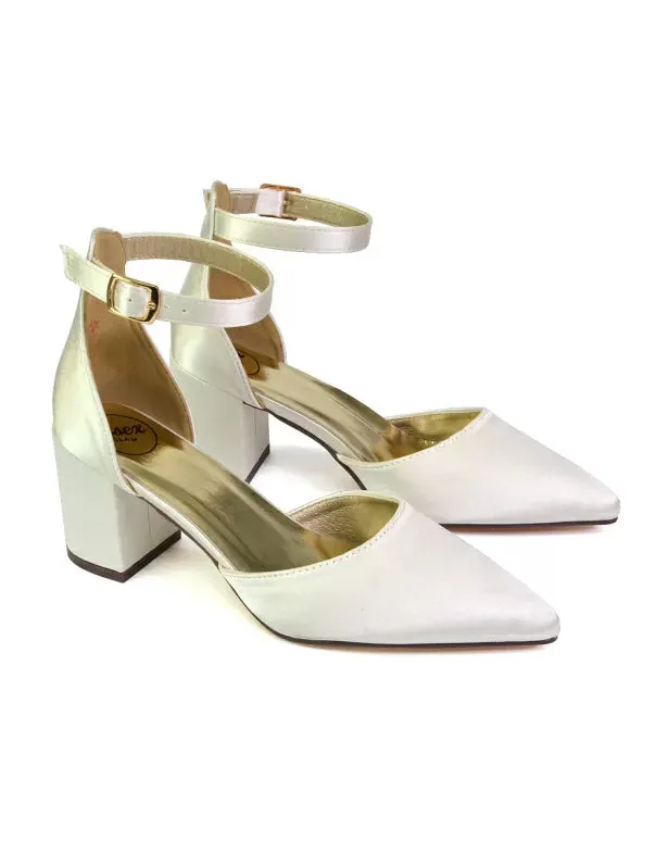 Bronte Pointed Toe Strappy Mid Block Heel Sandal Court Shoes in Ivory sold by XYlondon product image thumbnail 4
