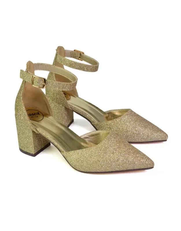 Bronte Pointed Toe Strappy Mid Block Heel Sandal Court Shoes in Gold sold by XYlondon
