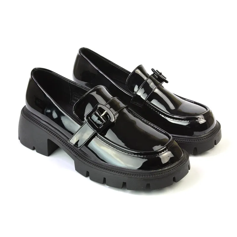 Adelaide School Shoes Buckle Chunky Platform Block Heel Loafers in Black Patent sold by XYlondon