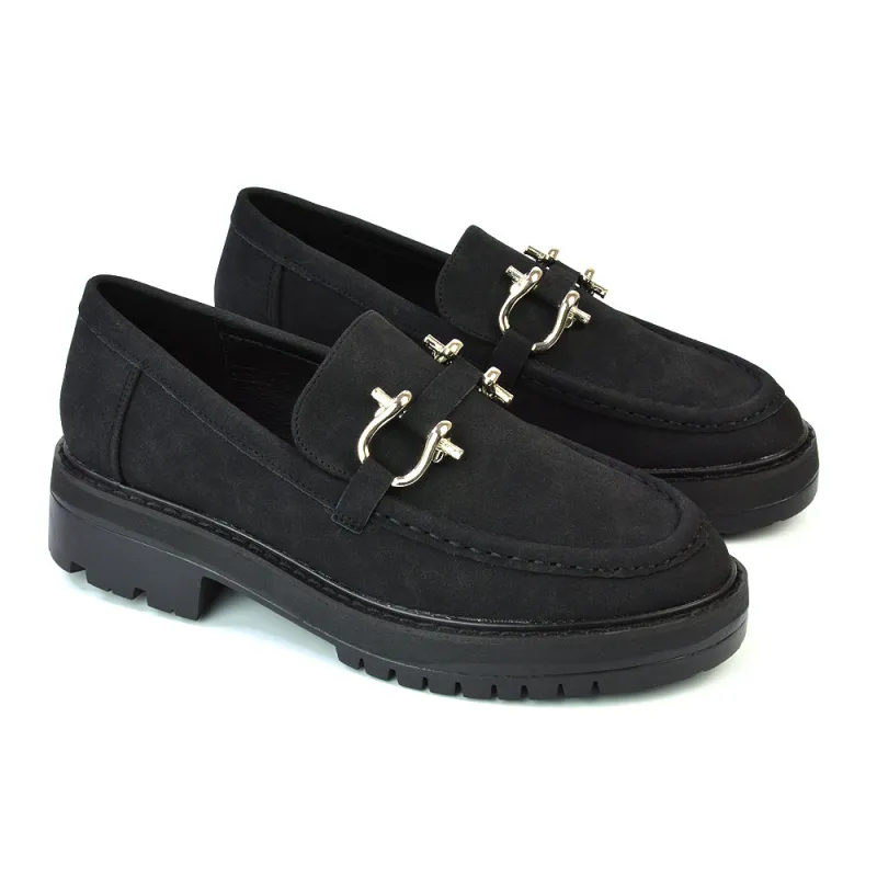 Riley Chunky Block Heel Loafers With Silver Buckle in Black Faux Suede sold by XYlondon