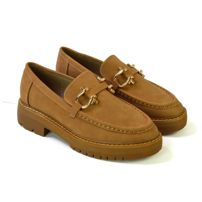Riley Chunky Block Heel Loafers With Silver Buckle in Tan Faux Suede sold by XYlondon