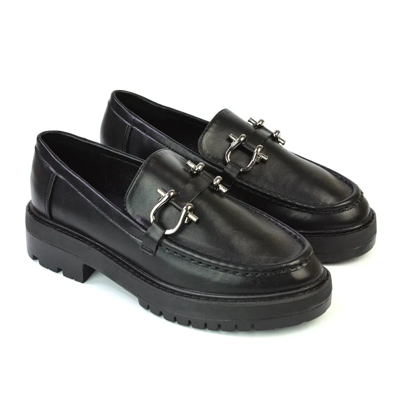 Riley Chunky Block Heel Loafers With Silver Buckle in Black Synthetic Leather sold by XYlondon
