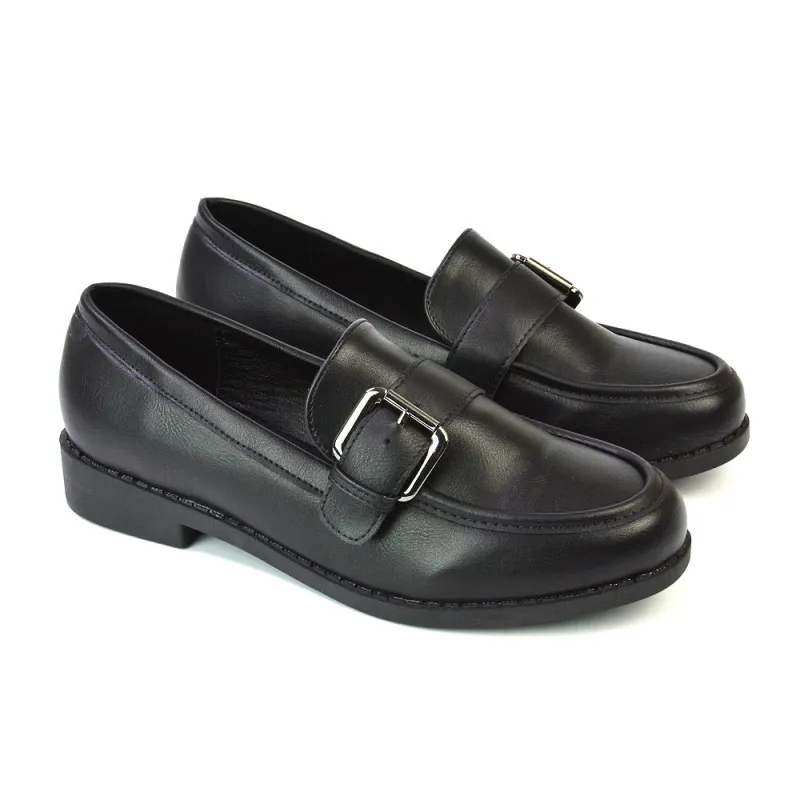 Kali Buckle Up School Shoes Loafers With Chunky Soles in Black Synthetic Leather sold by XYlondon